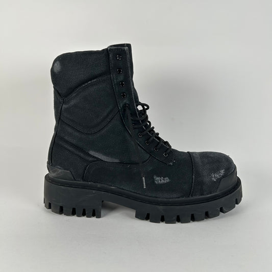 Balenciaga Black Distressed Canvas Strike Boots Size 45