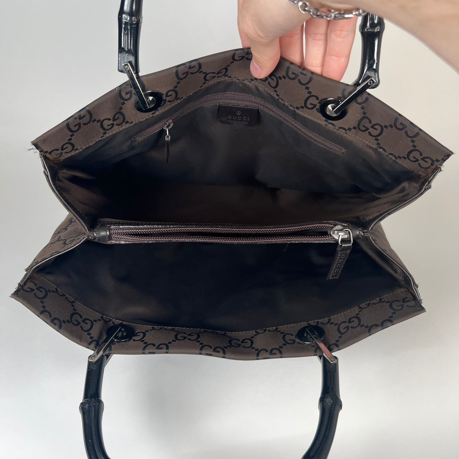 Gucci Vintage Bamboo Handle Brown GG Monogram Nylon Tote