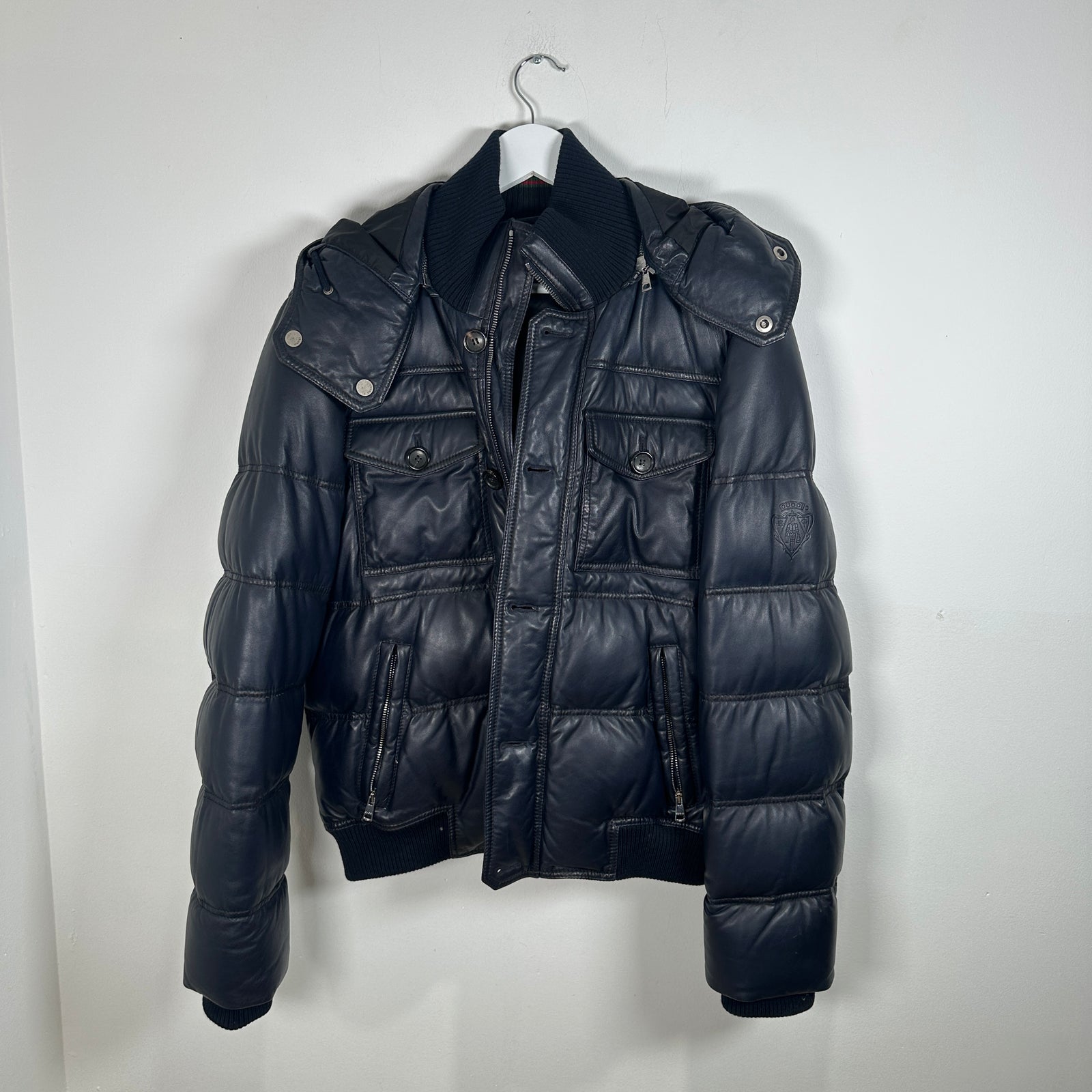 Gucci Vintage Navy Leather Puffer Jacket Size L