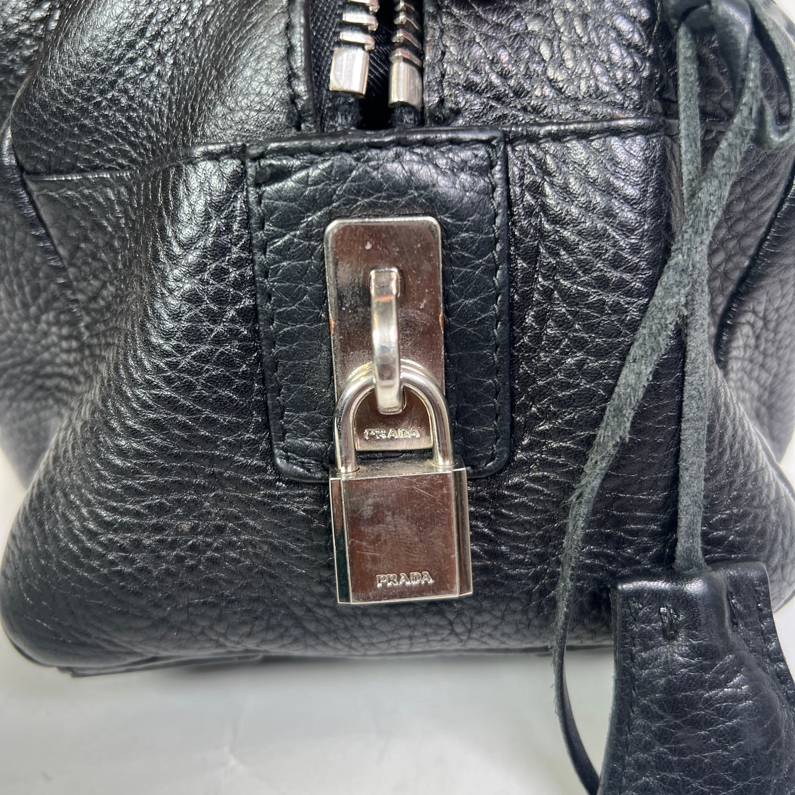 Prada Vintage Pebbled Leather Embossed Bauletto Bag