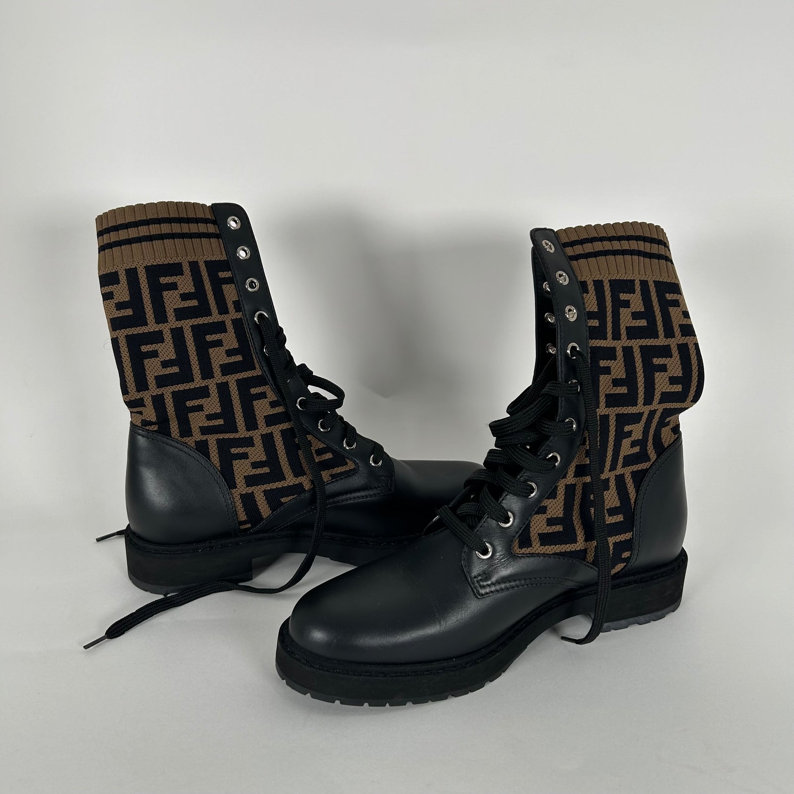 Fendi Rockoko Knit FF Combat Boots Size 39.5