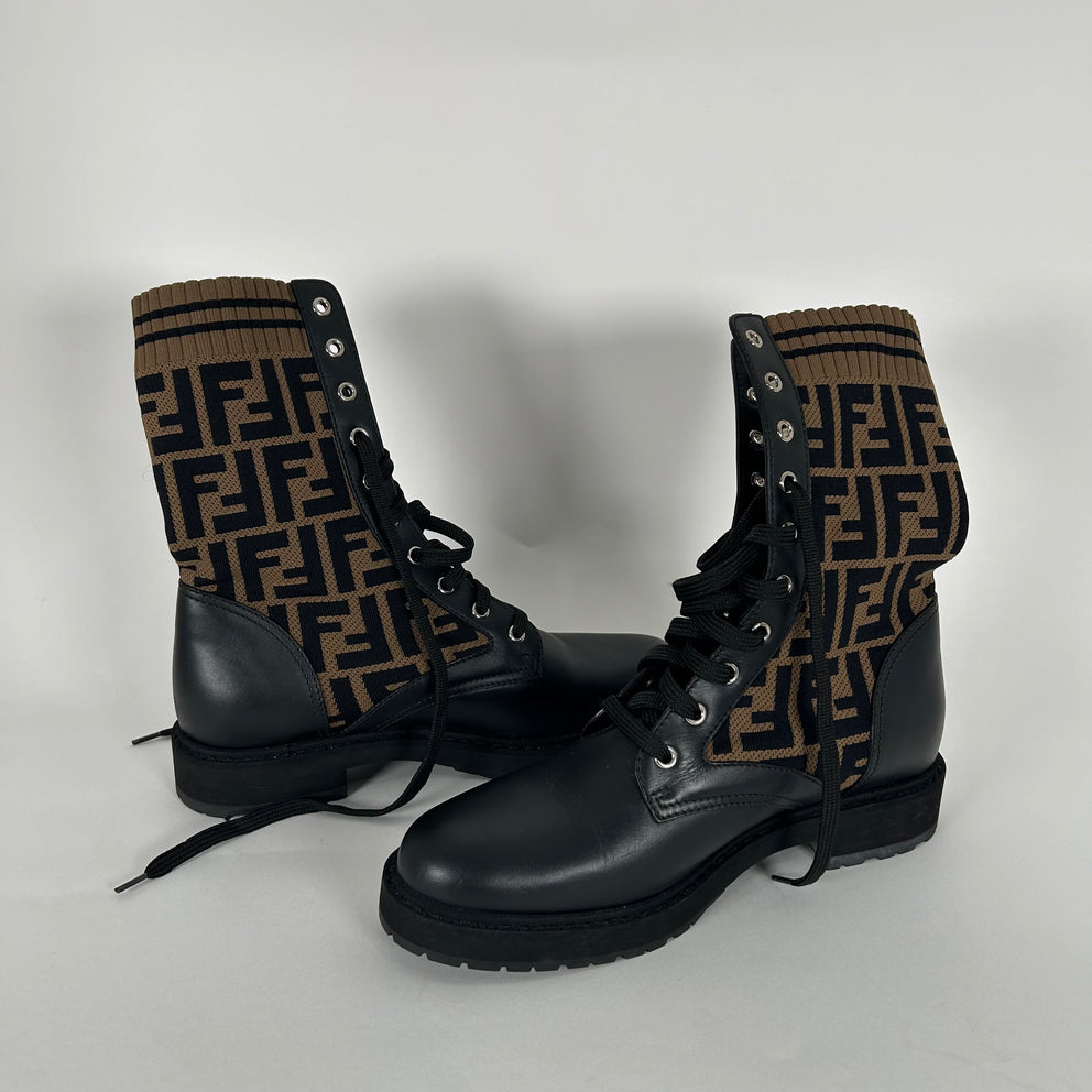 Fendi Rockoko Knit FF Combat Boots Size 39.5