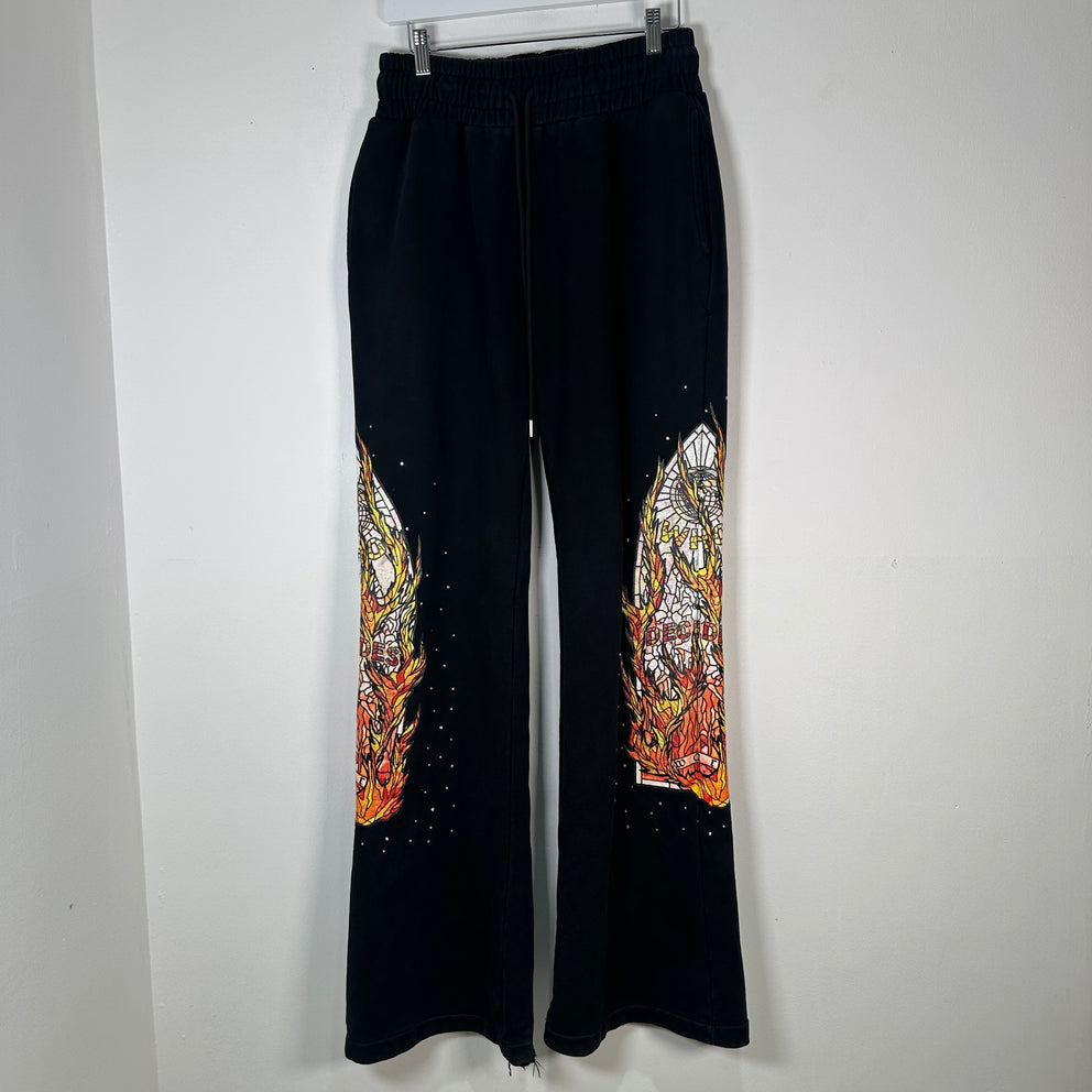 Who Decides War Flame Stained Glass Rhinestone Black Sweatpants Size L