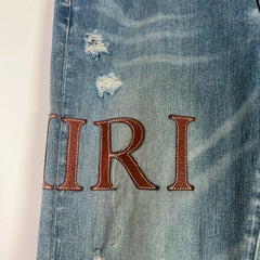 Amiri Clay Indigo Leather Stitch Logo Jeans Size 33
