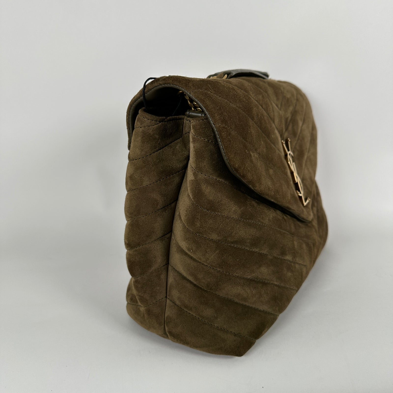 Saint Laurent LouLou Khaki Medium Suede Flap Shoulder Bag