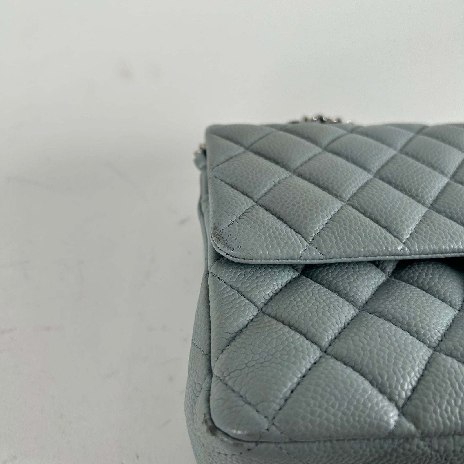 Chanel Light Baby Blue Quilted Caviar Medium Double Flap
