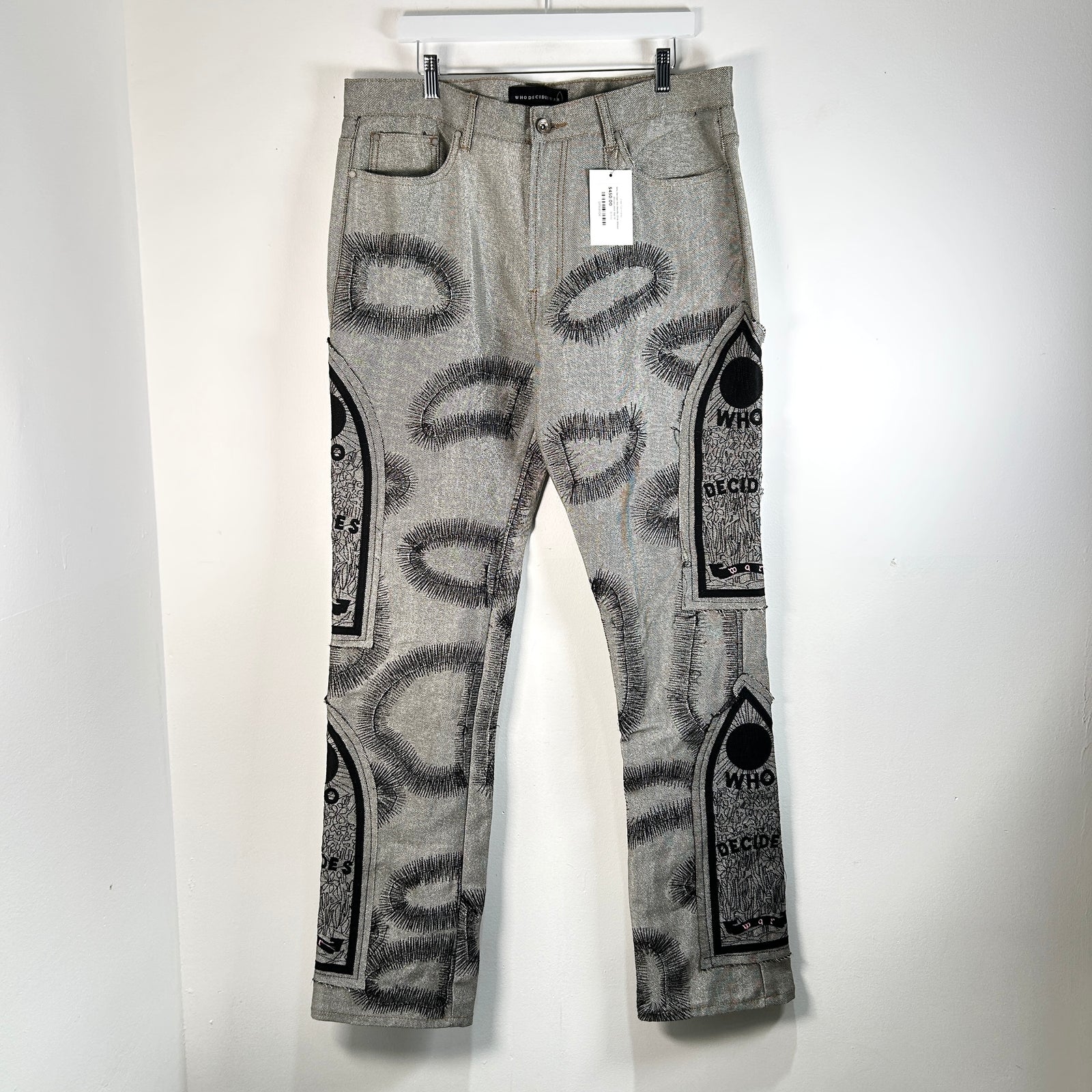 Who Decides War Metallic Silver Stained Glasses Jeans Size 36