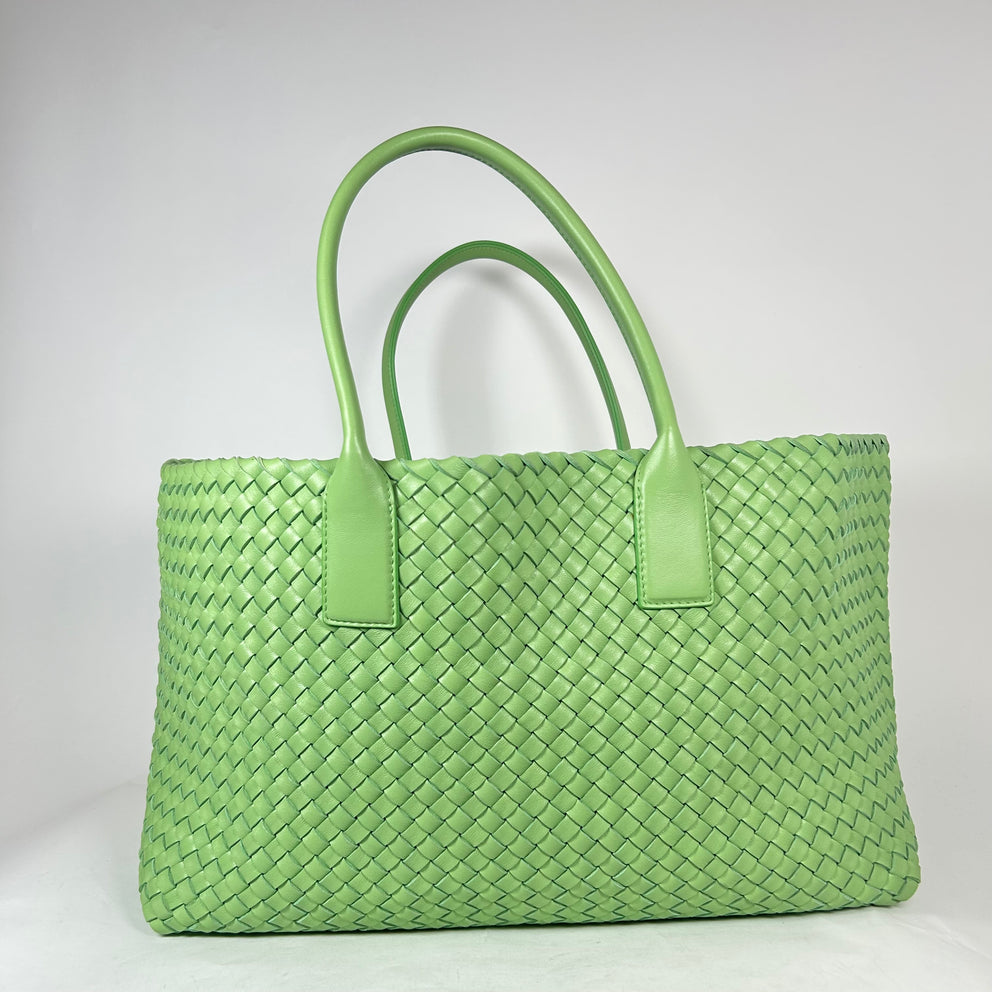 Bottega Veneta Lime Green Nappa Intrecciato Medium Cabat Tote Bag