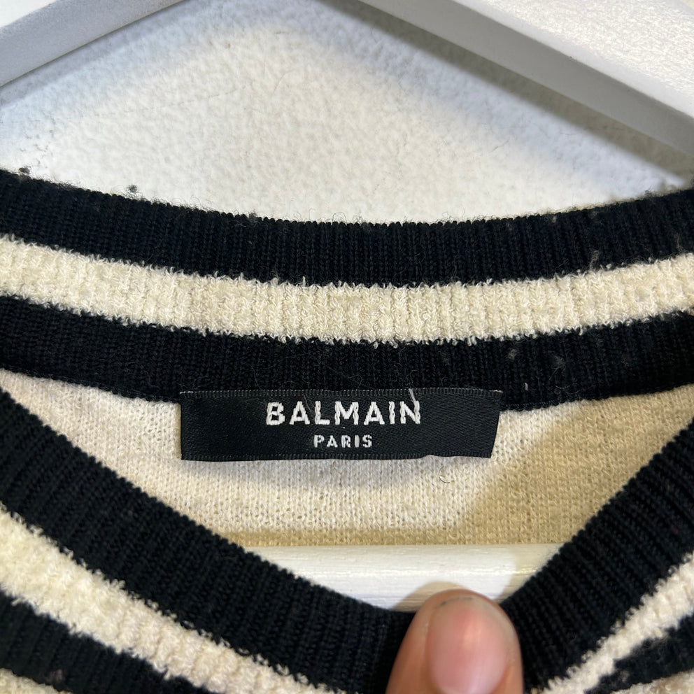 Balmain Cream Intarsia Knit Logo T-Shirt Size S
