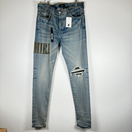 Amiri Lightwash Camo Thigh Logo Jeans Size 36