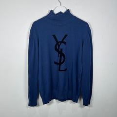 Yves Saint Laurent Vintage Blue Flock Logo Turtleneck Size XXL