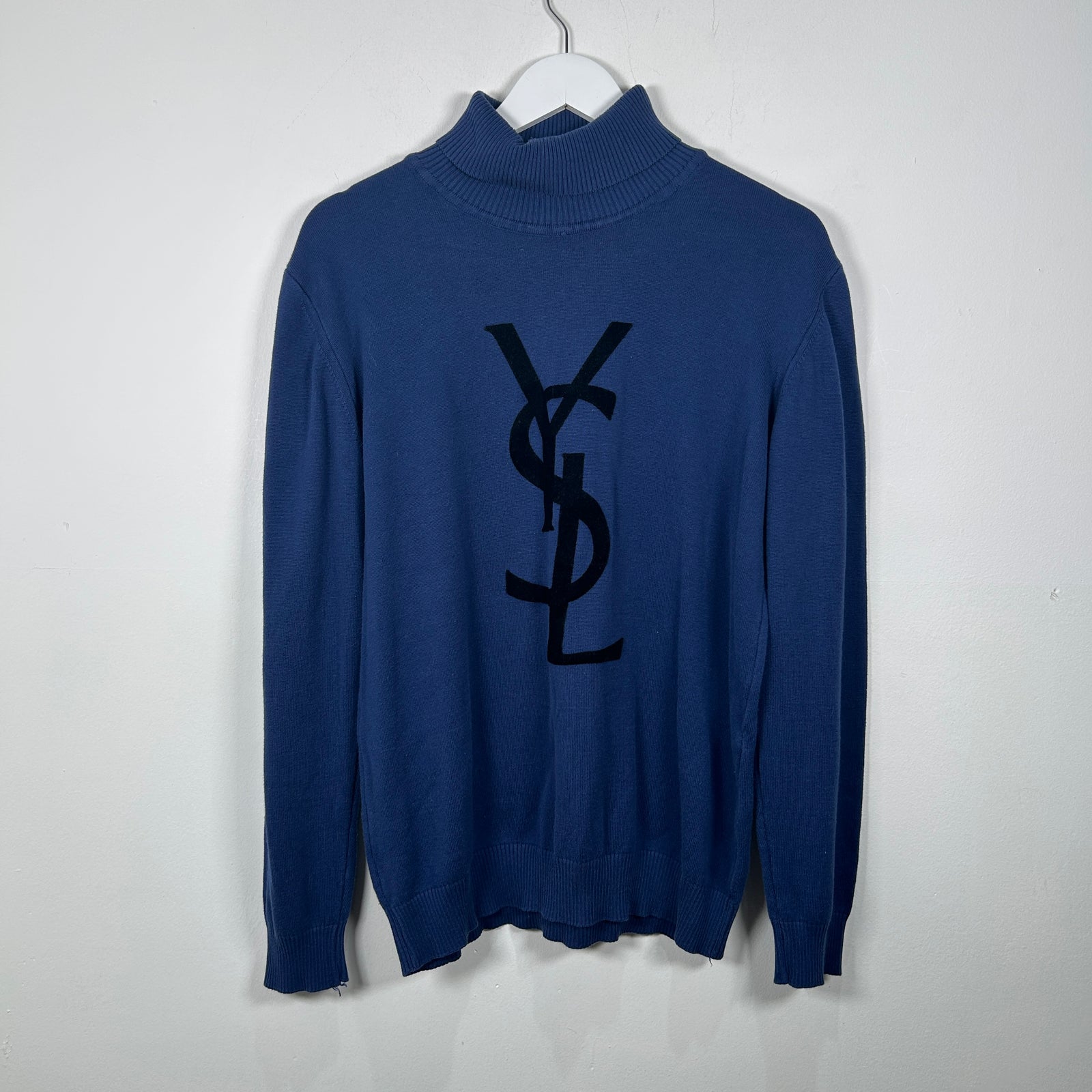 Yves Saint Laurent Vintage Blue Flock Logo Turtleneck Size XXL