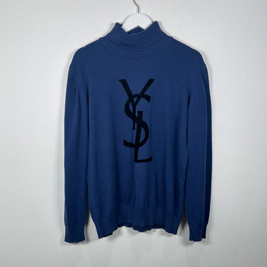 Yves Saint Laurent Vintage Blue Flock Logo Turtleneck Size XXL