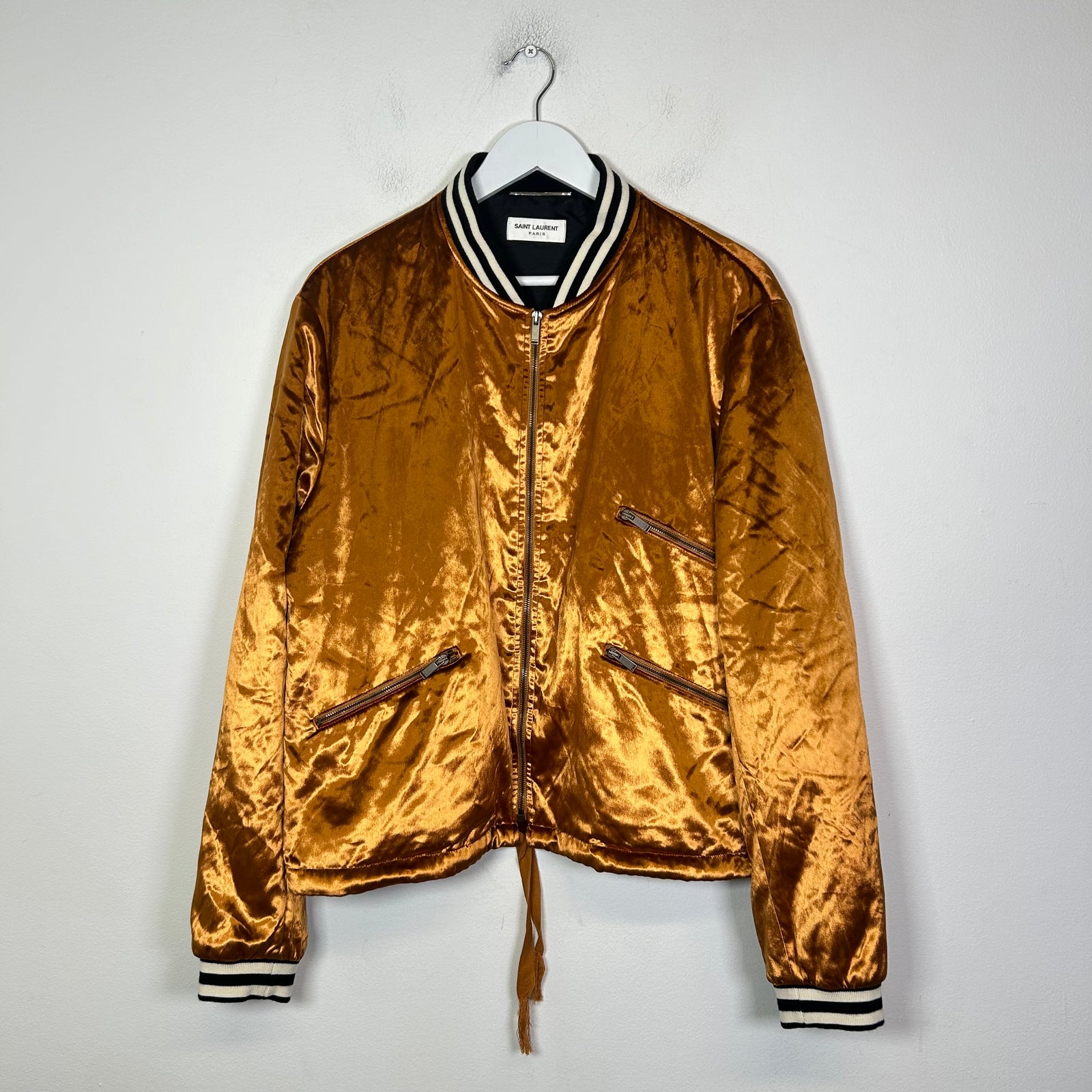 Saint Laurent Paris Liquid Gold Velvet Bomber Jacket Size 56
