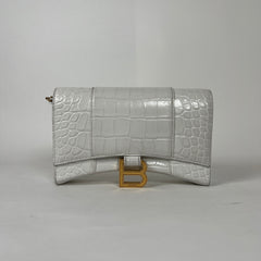 Balenciaga White XS Hourglass Croc Embossed Leather Bag