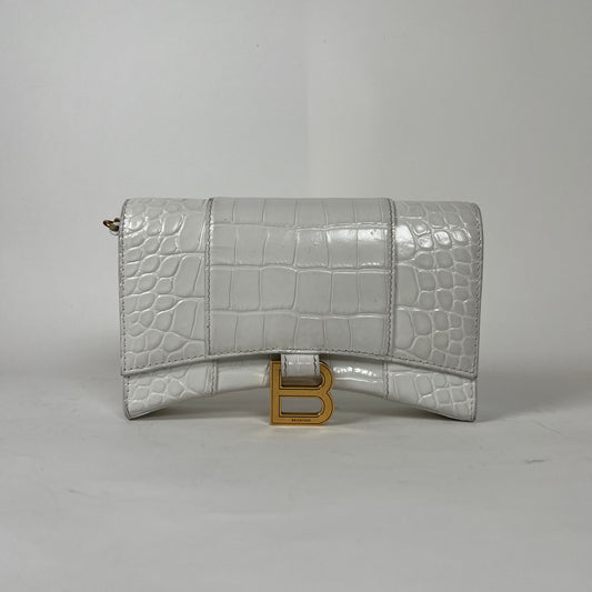 Balenciaga White XS Hourglass Croc Embossed Leather Bag