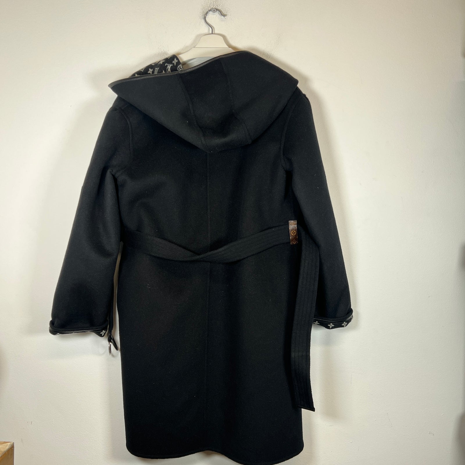 Louis Vuitton Black Monogram Hooded Wool Wrap Coat Size 40