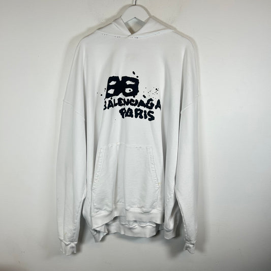 Balenciaga White BB Hand Drawn Logo Hoodie Size M