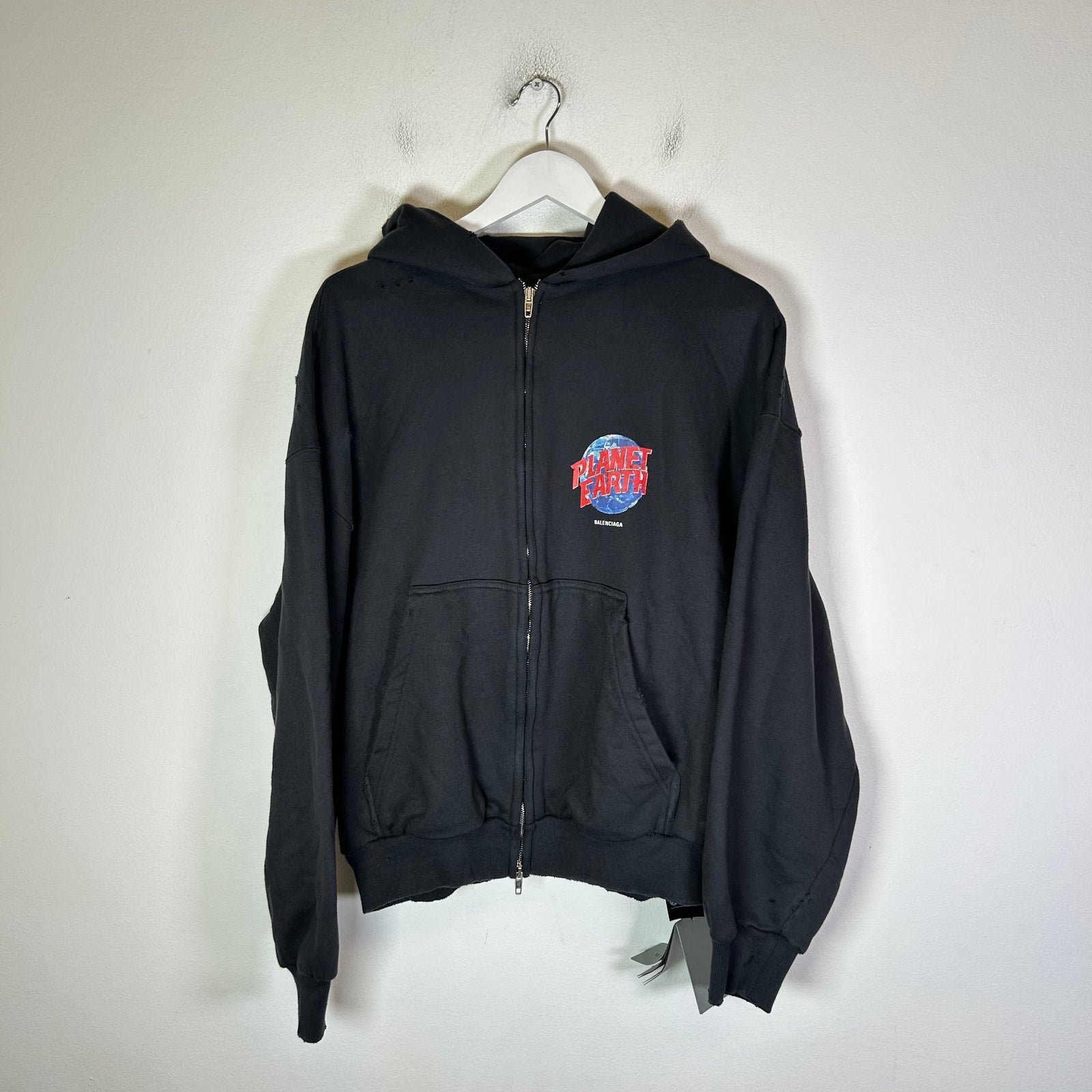 Balenciaga Planet Earth Distressed Zip-Up Hoodie