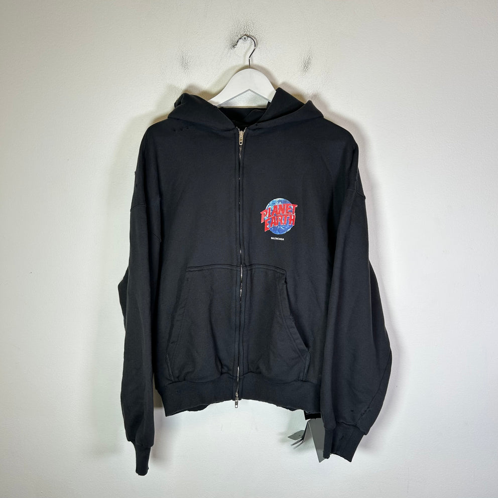 Balenciaga Planet Earth Distressed Zip-Up Hoodie