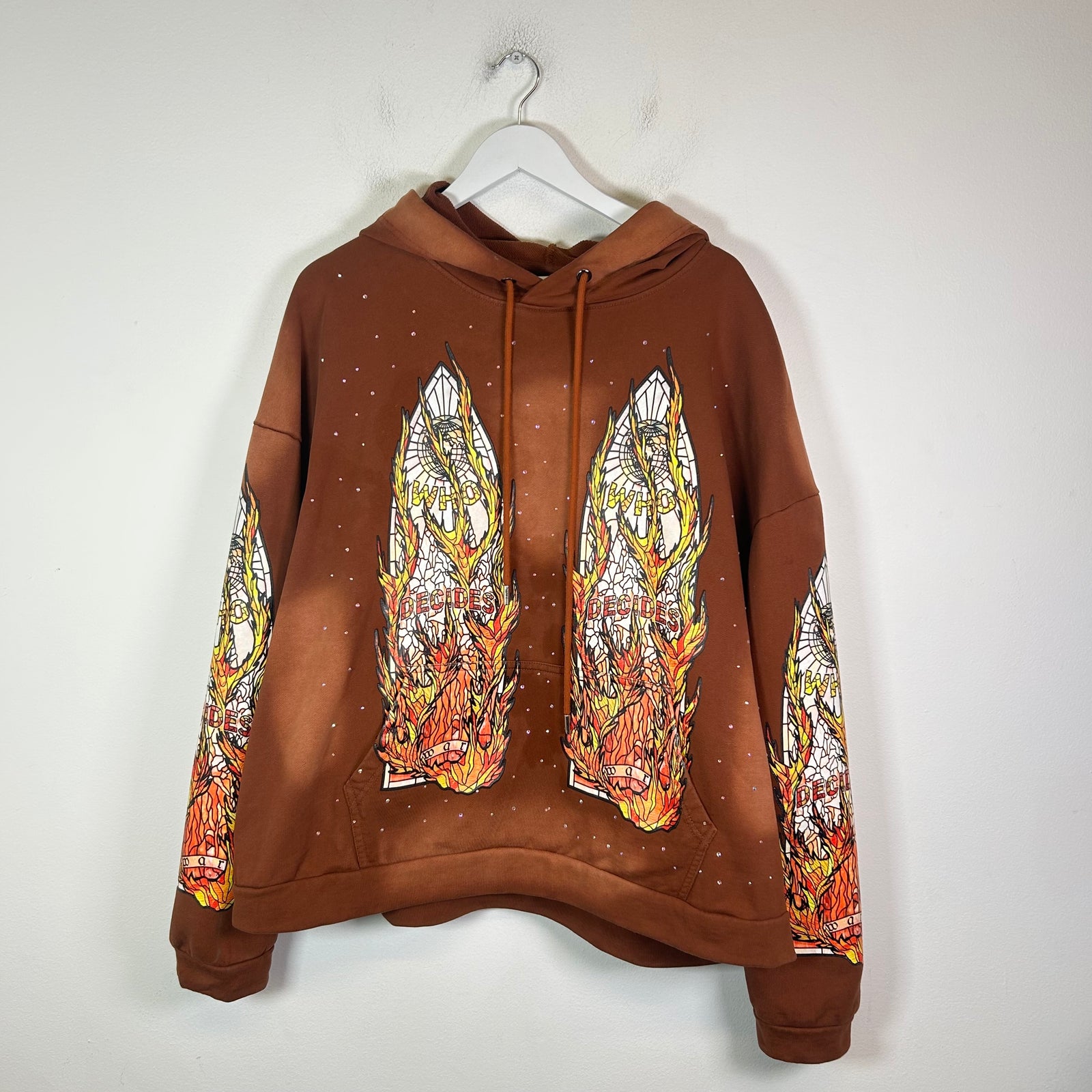 Who Decides War Brown Flame Glass Rhinestone Hoodie Size XL