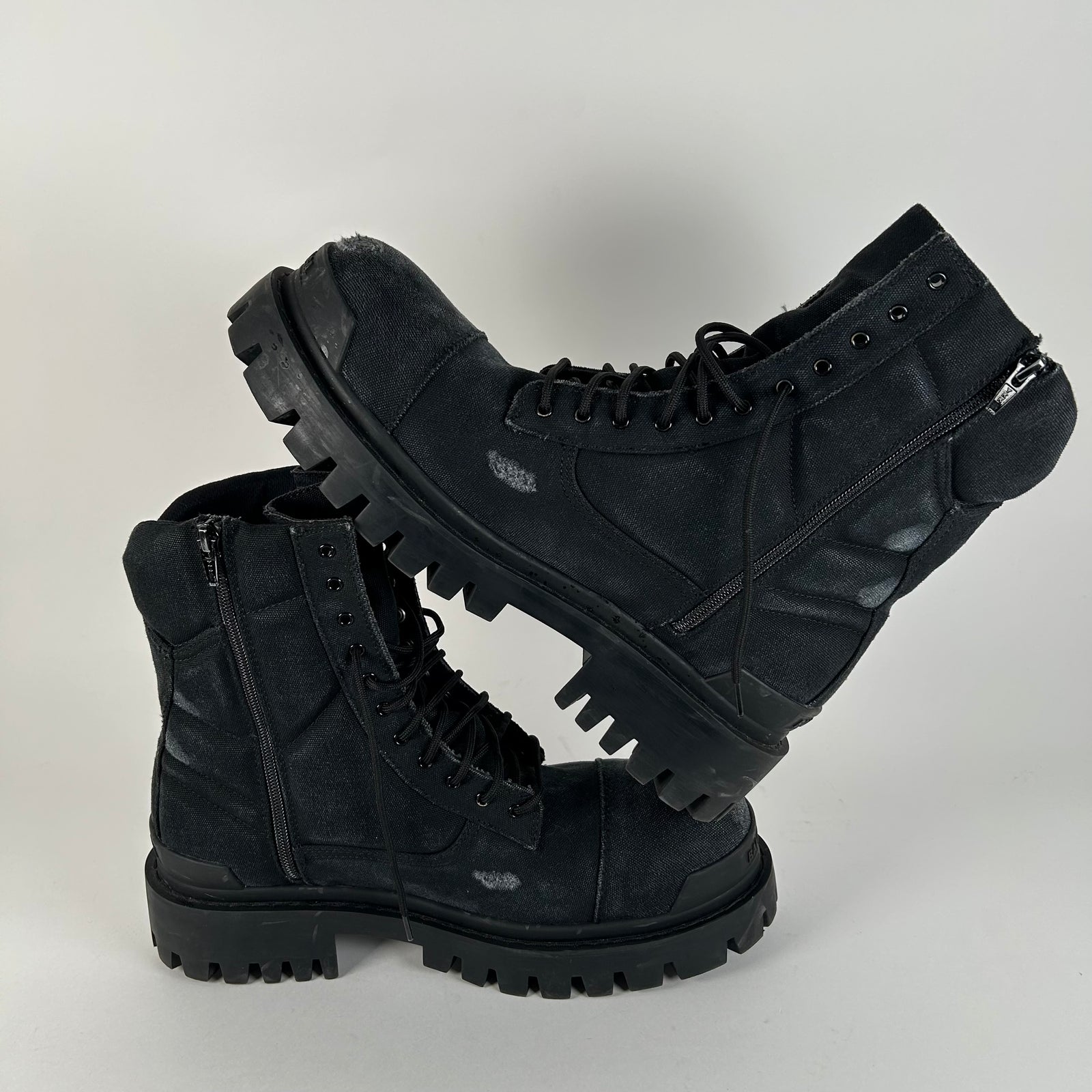 Balenciaga Black Distressed Canvas Strike Boots Size 45