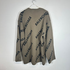 Balenciaga Brown Intarsia All Over Logo Knit Sweater Size L