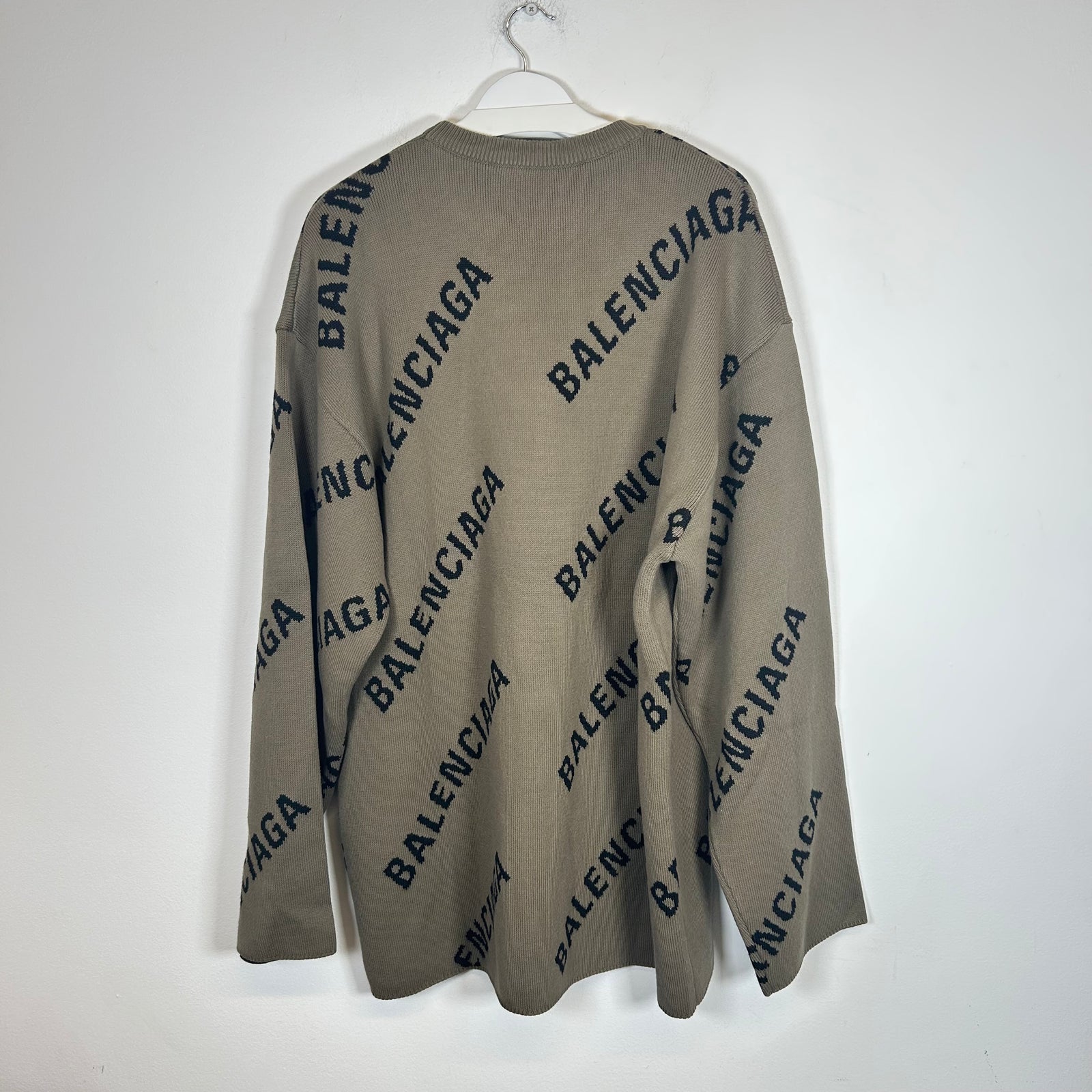 Balenciaga Brown Intarsia All Over Logo Knit Sweater Size L