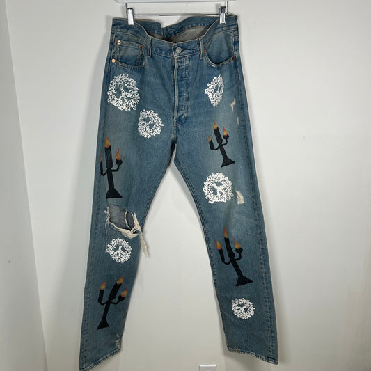 Off-White Levi's x Denim Tears 501 "Message In A Tear" Blue Jeans Size 36