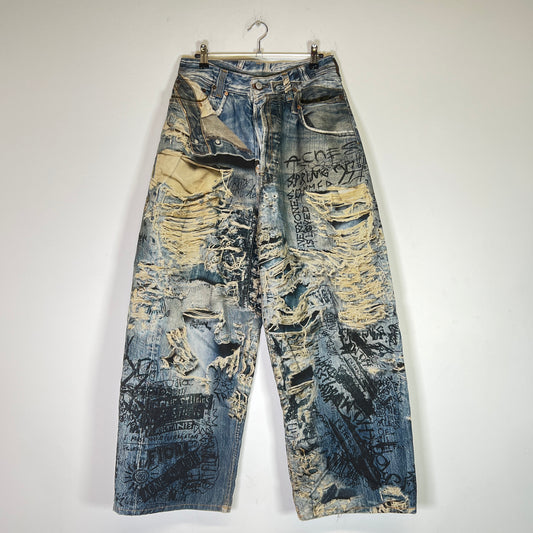 Acne Studios 2023 'Trompe L'oeil' Distressed Graffiti Super Baggy Denim Jeans Size 44
