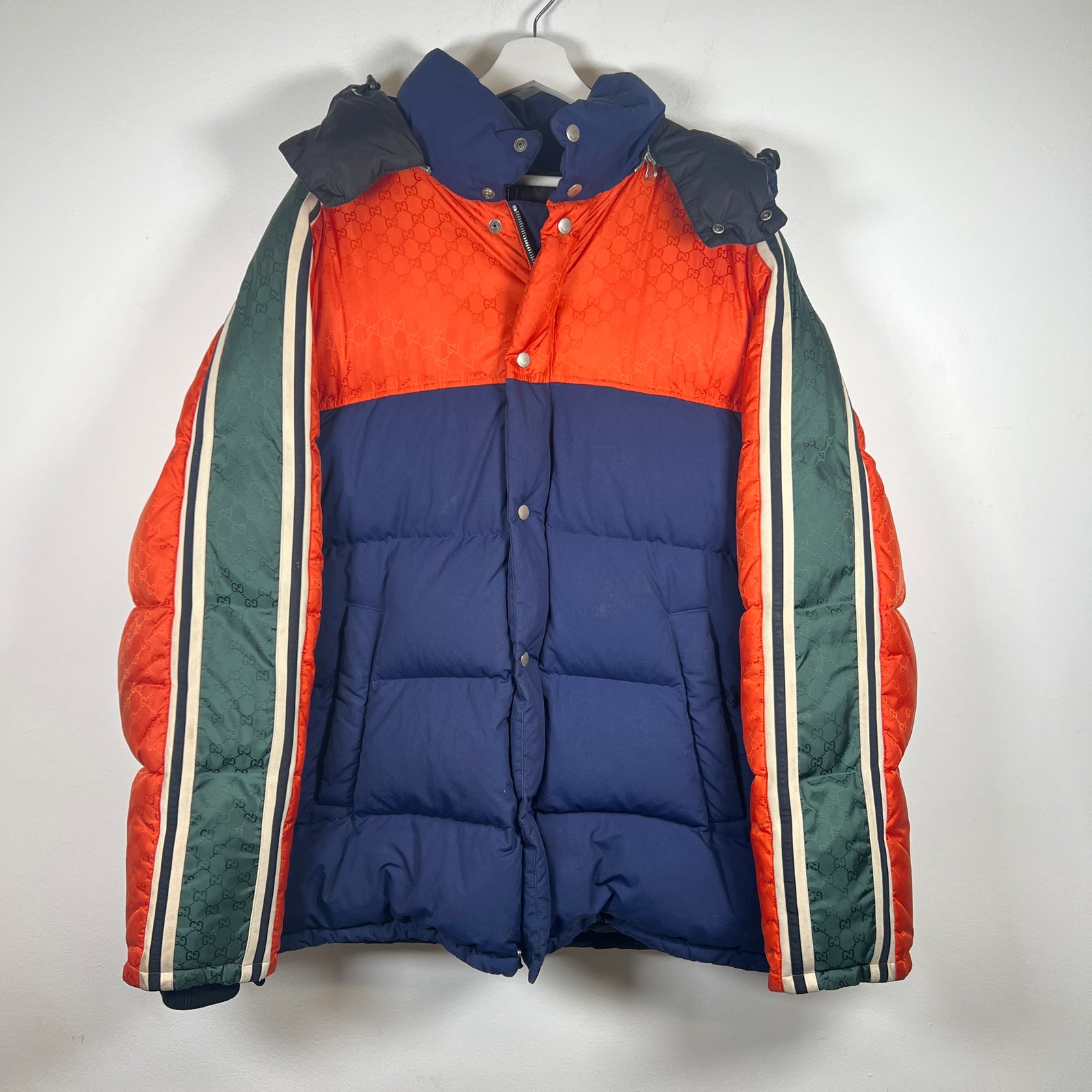 Gucci Orange/Navy GG Jacquard Nylon Puffer Size XL