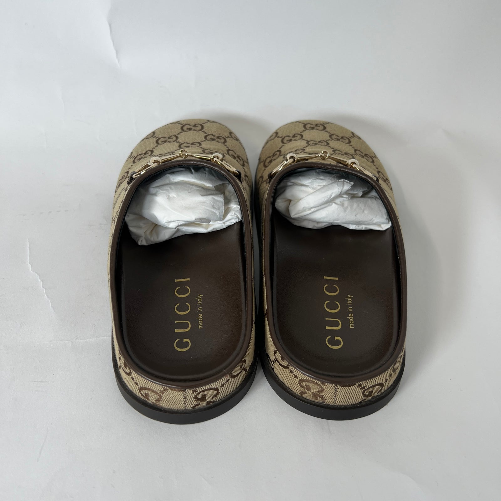 Gucci Beige GG Supreme Horsebit Mules Size 39