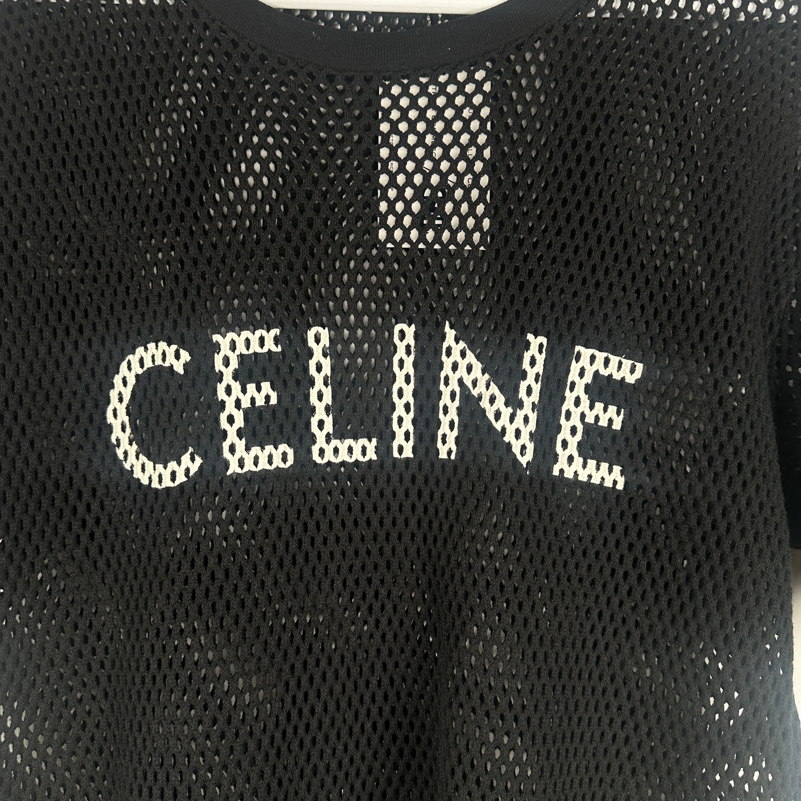 Celine Black/White Logo Mesh T-Shirt Size S