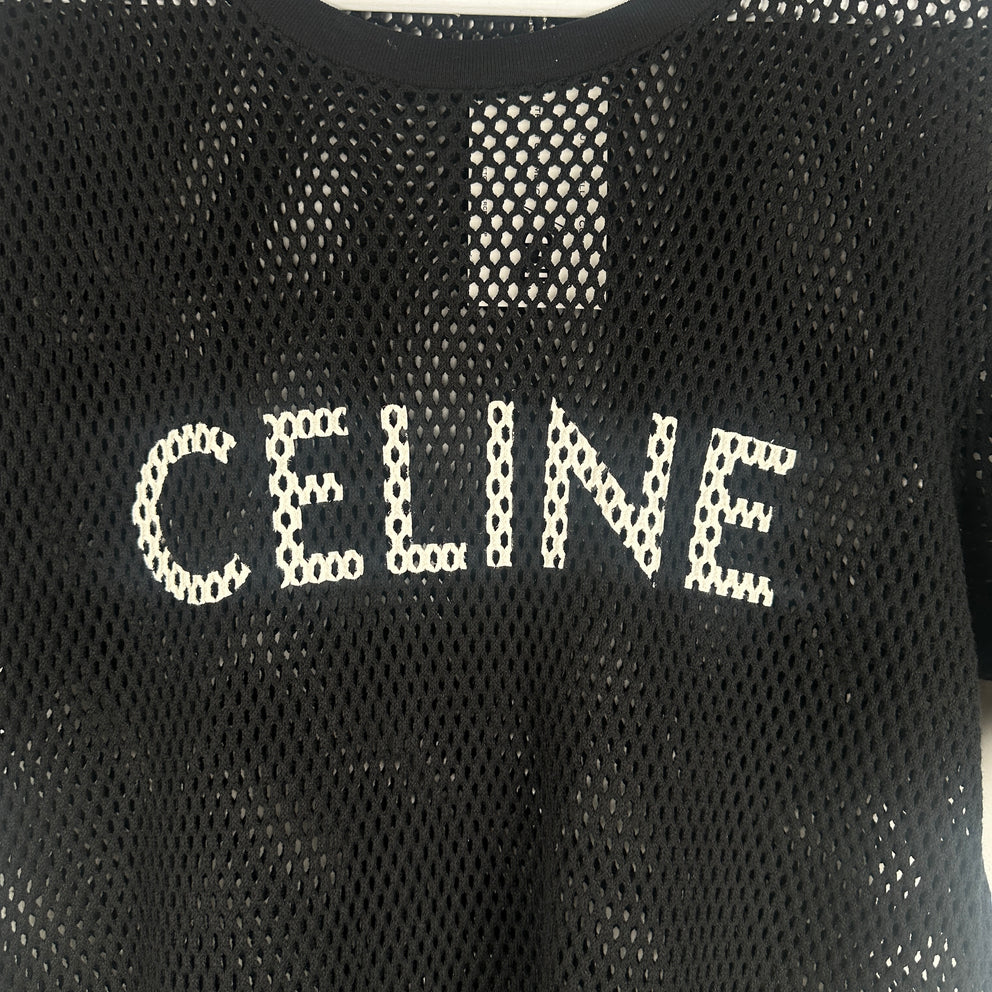 Celine Black/White Logo Mesh T-Shirt Size S