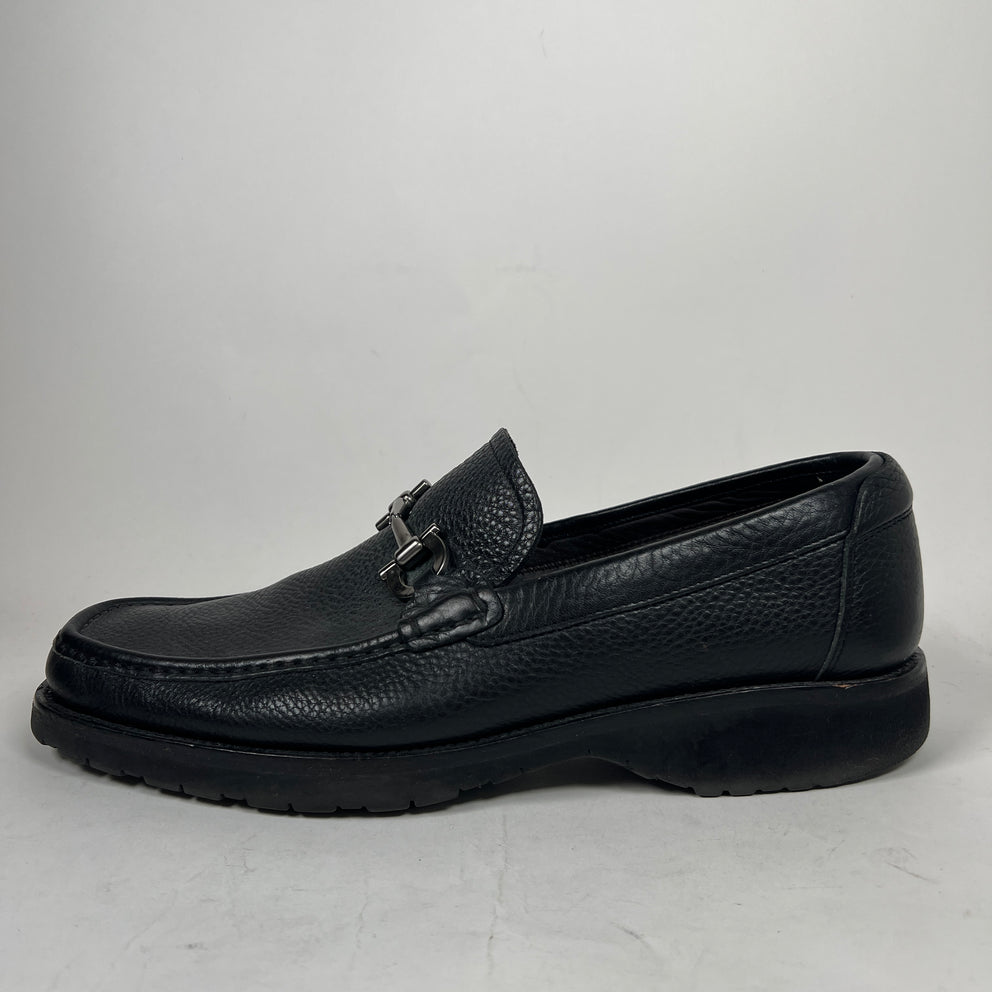 Ferragamo Black Square Toe Leather Loafers Size 10.5