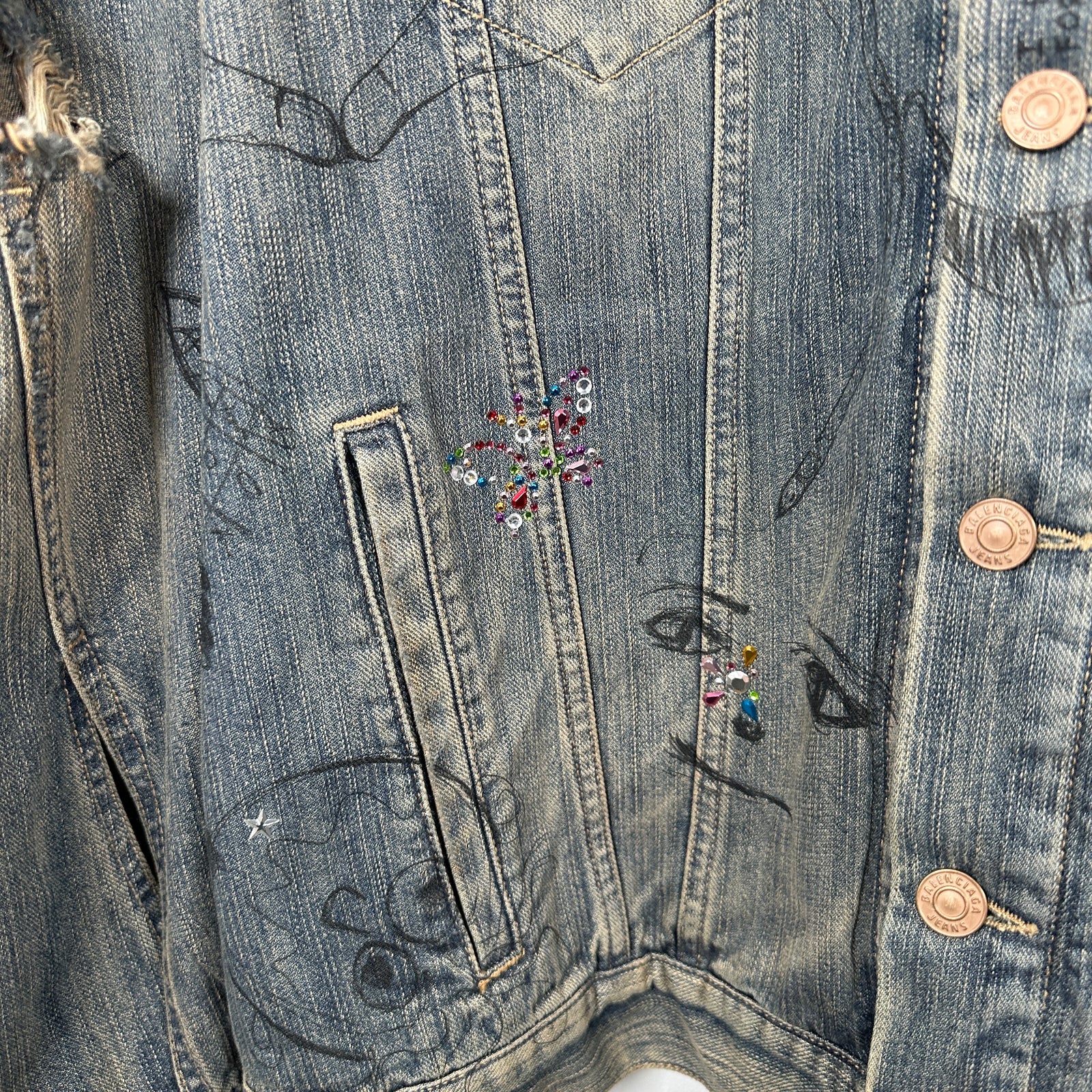Balenciaga Denim 'Rhinestone Scribble' Jacket Size 2