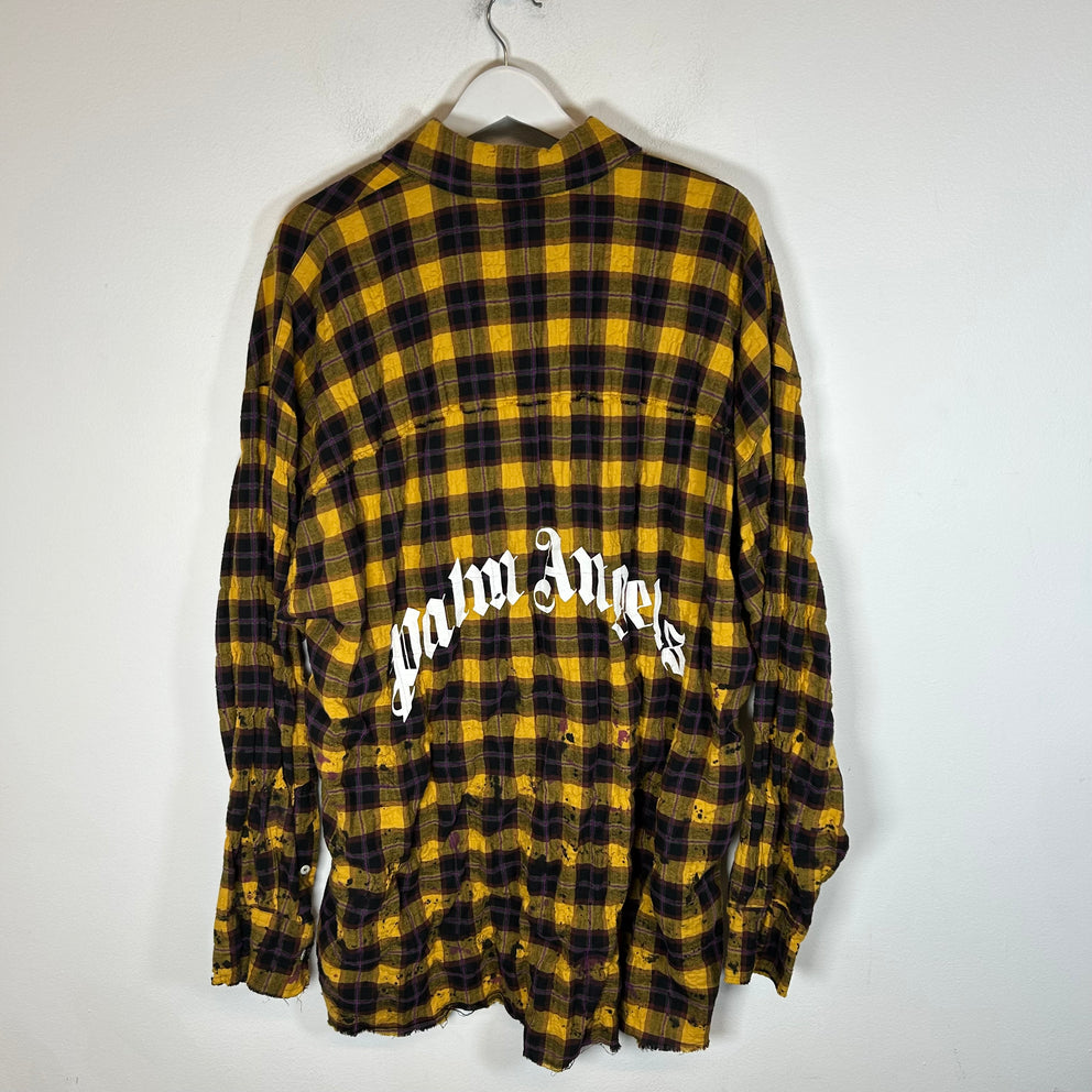 Palm Angels Yellow Round Logo Paint Splatter Flannel Shirt Size XXL
