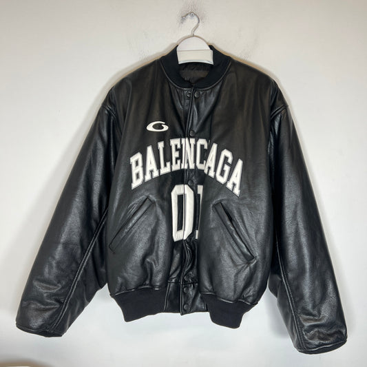 Balenciaga Black Basketball Jersey Leather Bomber Jacket Size XS
