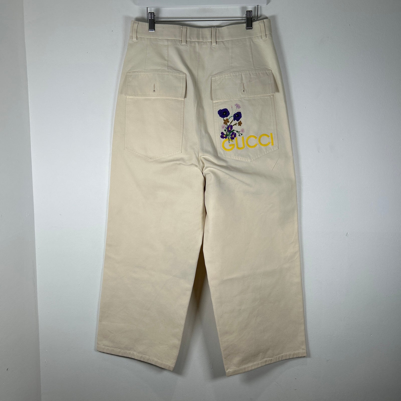 Gucci Cream Canvas Floral Logo Workwear Pants Size 30