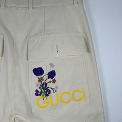 Gucci Cream Canvas Floral Logo Workwear Pants Size 30