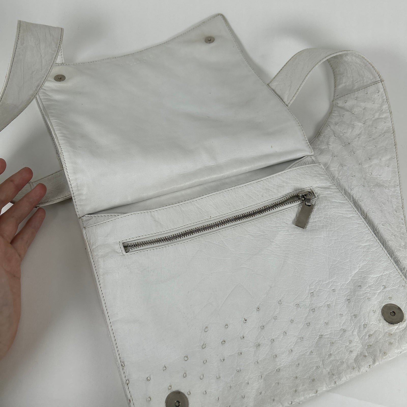 Celine White Ostrich Leather Cross Body