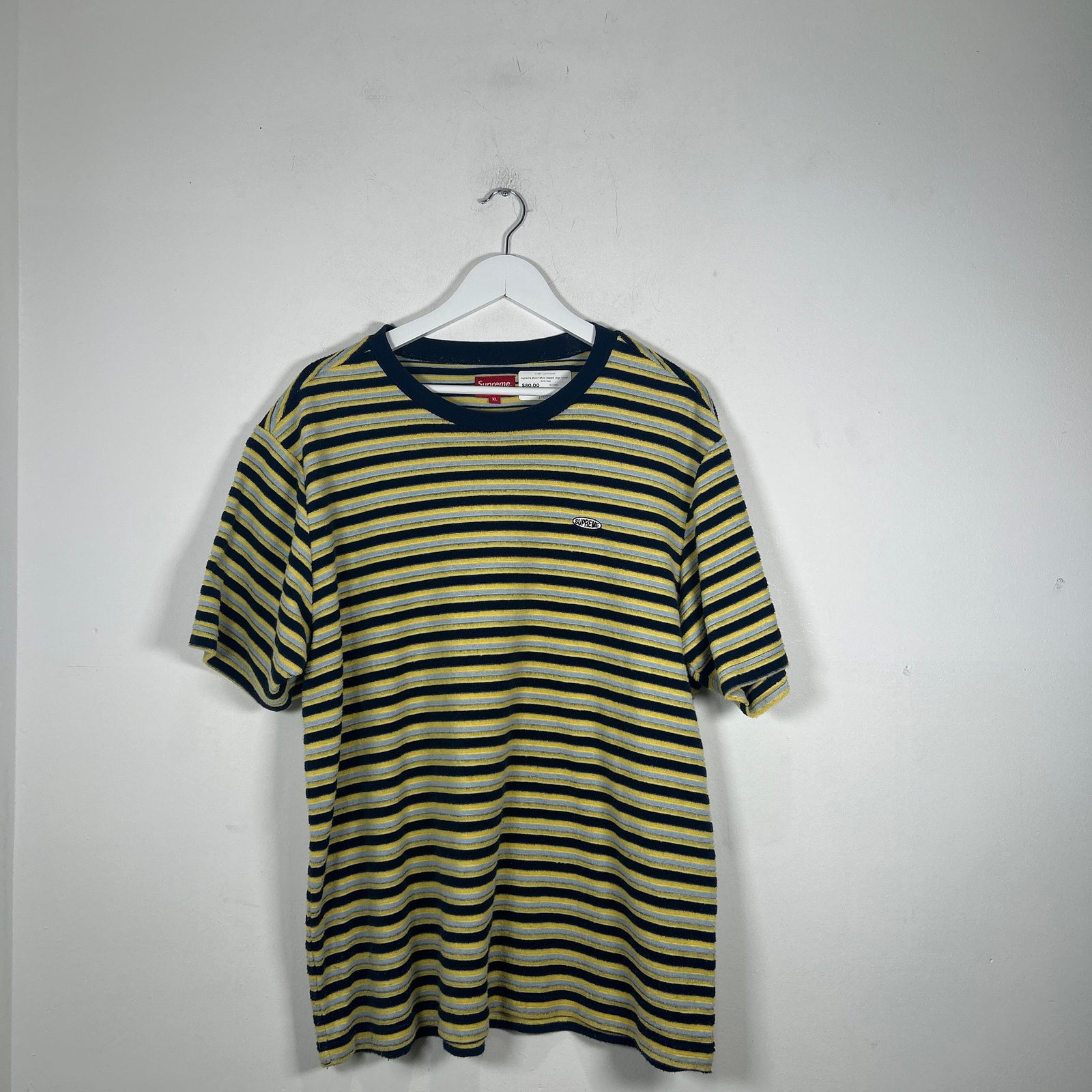 Supreme Blue/Yellow Striped Logo Towel T-Shirt Size