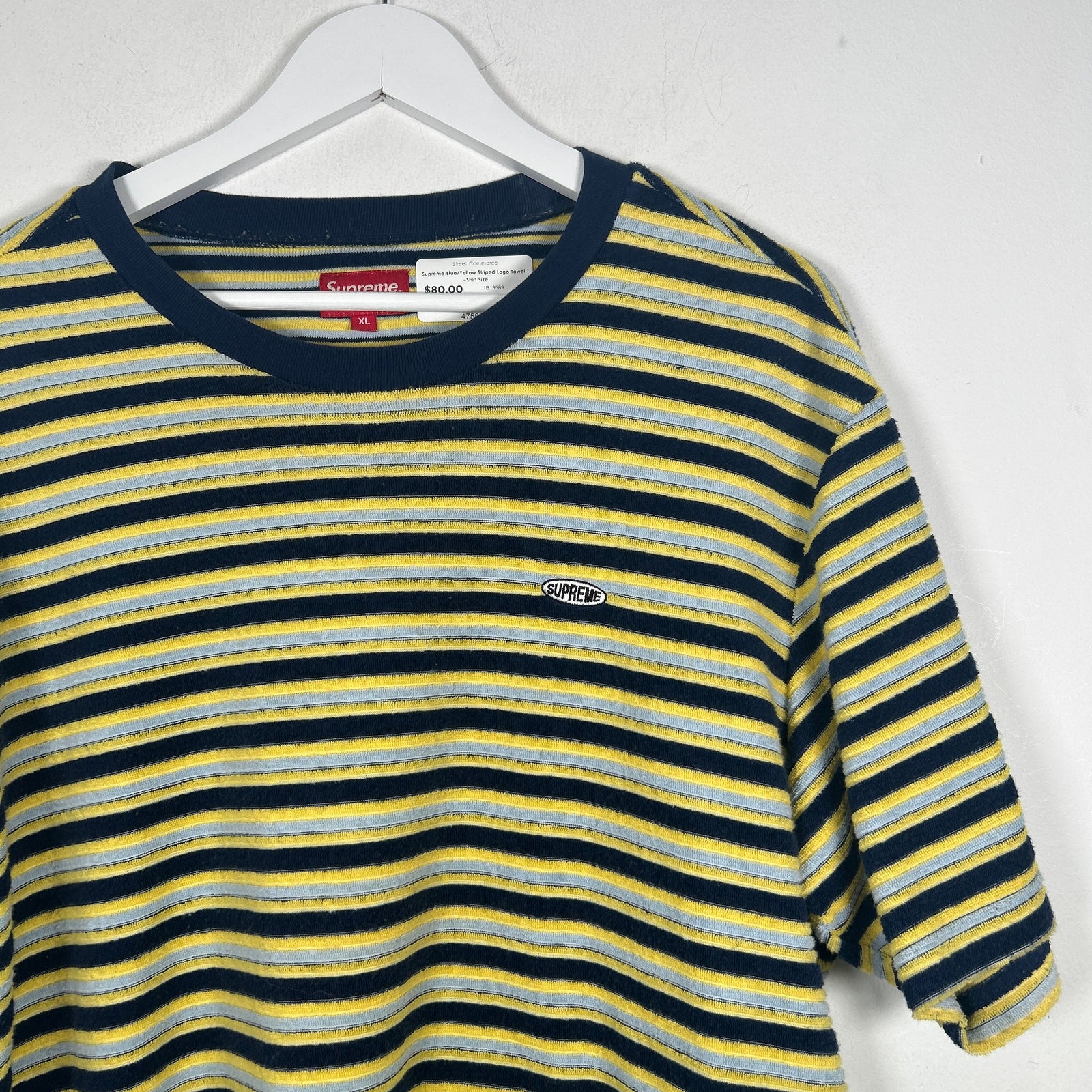 Supreme Blue/Yellow Striped Logo Towel T-Shirt Size
