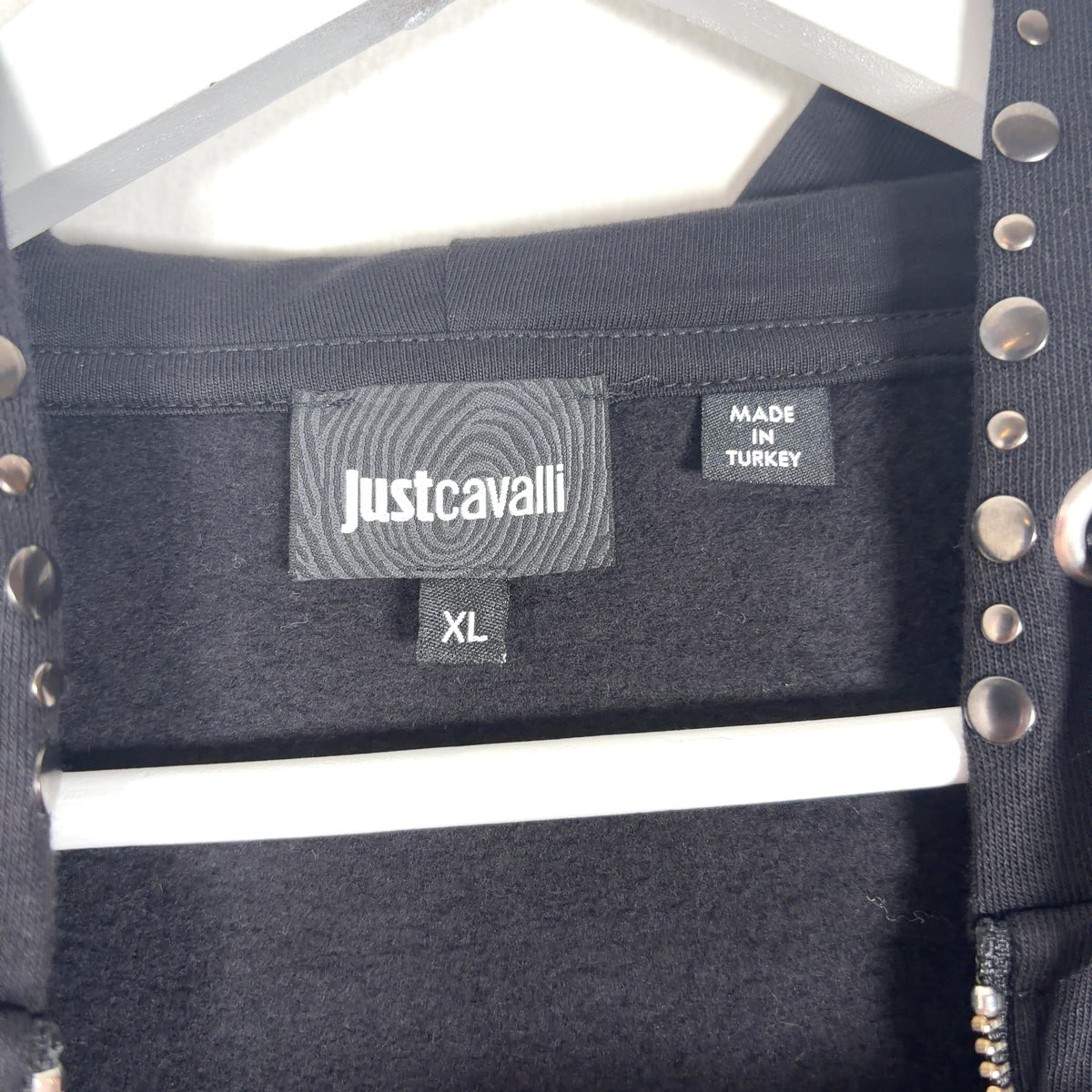 Robert Cavalli Studded Leather Sleeve Zip-Up Hoodie