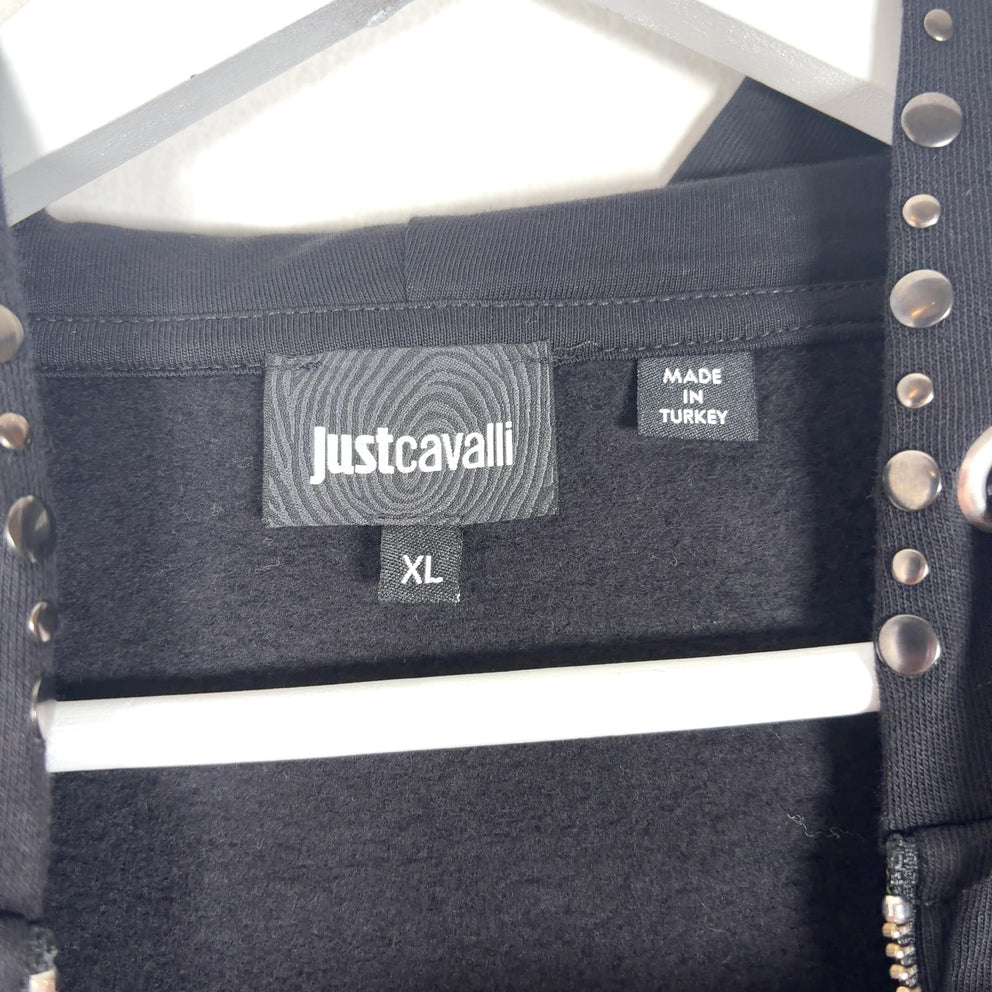 Robert Cavalli Studded Leather Sleeve Zip-Up Hoodie