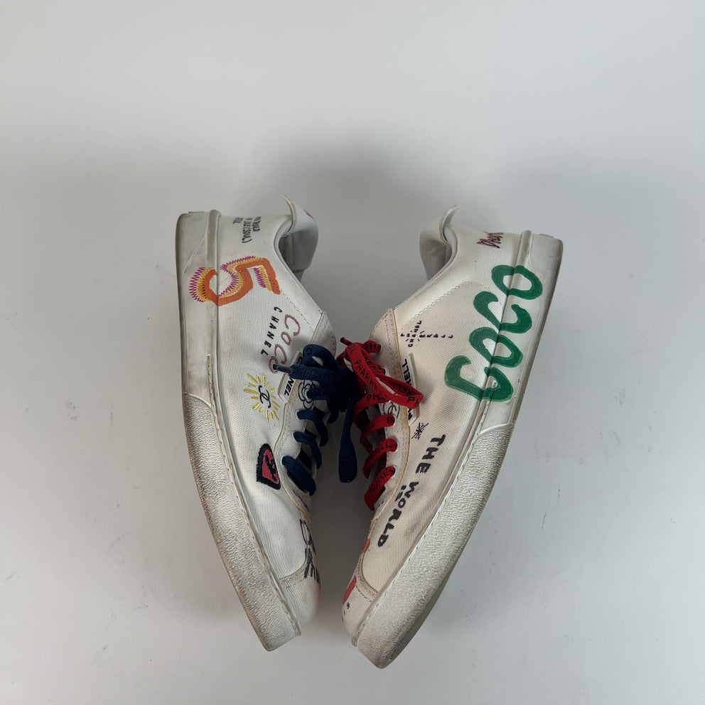 Chanel x Pharrel Williams Canvas Graffiti Multi Color Sneakers Size 44