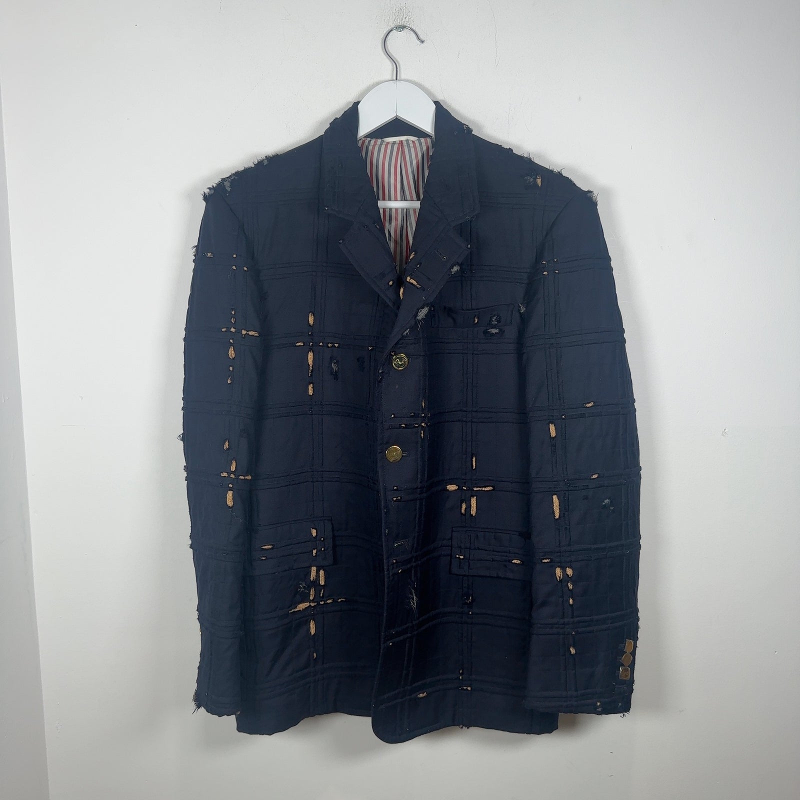 Thom Browne Tartan Check Embroidery Distressed Blazer