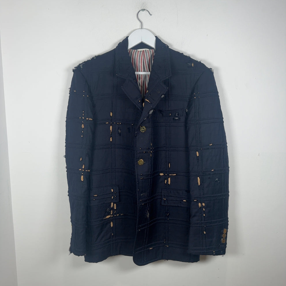 Thom Browne Tartan Check Embroidery Distressed Blazer