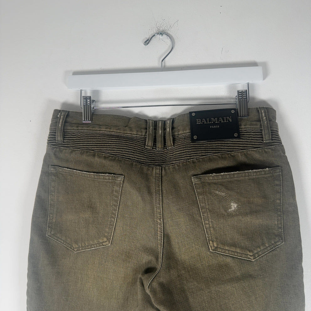 Balmain Green Denim Biker Jeans