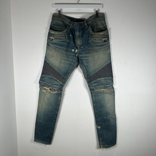 Balmain Distressed Biker Light Wash Jeans
